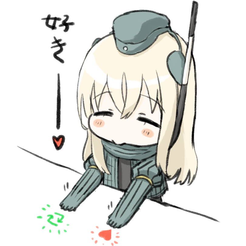 1girl bangs blonde_hair blush_stickers closed_eyes commentary_request elbow_gloves engiyoshi eyebrows_visible_through_hair garrison_cap gloves green_gloves green_hat green_jacket hair_between_eyes hat heart jacket kantai_collection long_hair open_clothes open_jacket outstretched_arms puffy_short_sleeves puffy_sleeves short_sleeves solo translation_request twitter_username u-511_(kantai_collection) white_background