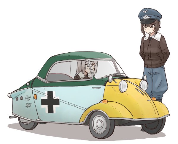 2girls arms_behind_back black_footwear black_jacket blue_hat blue_pants bomber_jacket boots commentary driving germany girls_und_panzer hat itsumi_erika jacket light_blush long_hair long_sleeves looking_at_another messerschmitt messerschmitt_kr200 military military_hat military_uniform multiple_girls nishizumi_maho open_mouth pants peaked_cap roundel shadow short_hair silver_hair standing sweatdrop uniform uona_telepin
