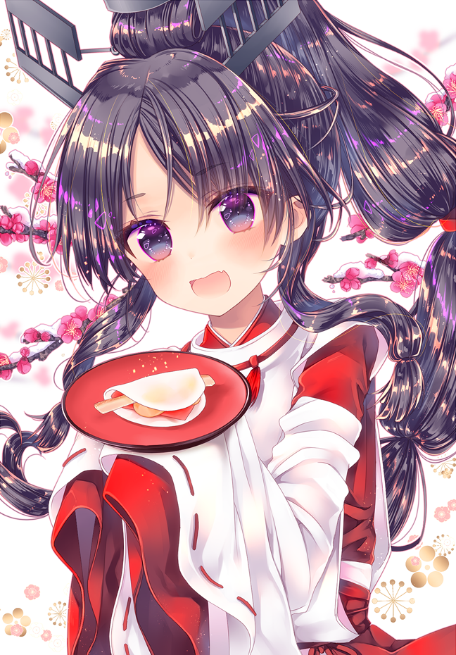 1girl :o bangs black_hair blue_eyes blurry blush commentary_request eyebrows_visible_through_hair fang floral_background food food_request hands_up head_tilt japanese_clothes kantai_collection kimono konno_kengo long_hair long_sleeves looking_at_viewer nisshin_(kantai_collection) open_mouth plate ribbon-trimmed_sleeves ribbon_trim shiny shiny_hair sidelocks sleeves_past_fingers sleeves_past_wrists solo upper_body white_background white_kimono wide_sleeves