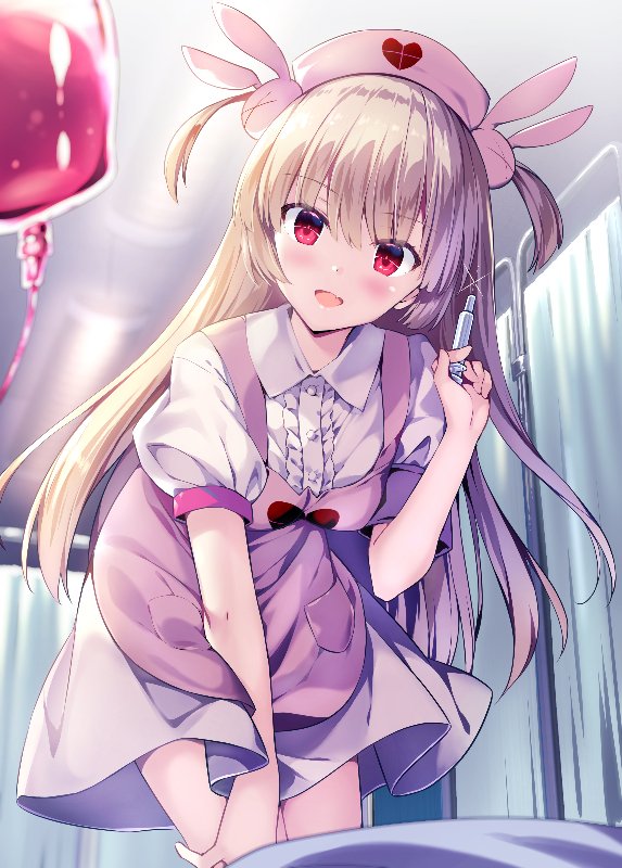 1girl apron armband bending_forward blonde_hair blood blood_bag blush commentary_request hair_ornament hat holding lightning long_hair looking_at_viewer natori_sana nurse_cap open_clothes pov red_eyes rei_(rei's_room) sana_channel solo_focus syringe virtual_youtuber