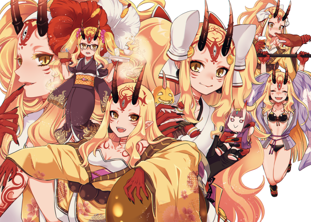 1girl :d ^_^ ^o^ bikini black_bikini blonde_hair boned_meat bowl breasts character_doll closed_eyes closed_eyes cup drinking_glass eating facial_mark fang_out fangs fate/grand_order fate_(series) finger_to_mouth fingernails flower food glasses gourd hair_flower hair_ornament hizuki_mai horns ibaraki_douji_(fate/grand_order) ibaraki_douji_(swimsuit_lancer)_(fate) japanese_clothes kimono long_hair meat oni open_mouth pointy_ears sandals sash sharp_fingernails shuten_douji_(fate/grand_order) simple_background smile swimsuit tattoo teeth twintails very_long_hair white_background yellow_eyes
