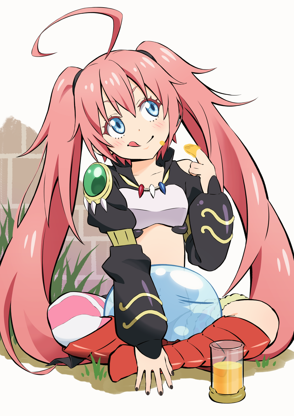 1girl :p =_= ahoge asymmetrical_legwear blue_eyes blush closed_eyes highres honey jar licking_lips long_sleeves looking_at_viewer midriff milim_nava pink_hair rimuru_tempest sitting slime smile striped striped_legwear tensei_shitara_slime_datta_ken tongue tongue_out twintails