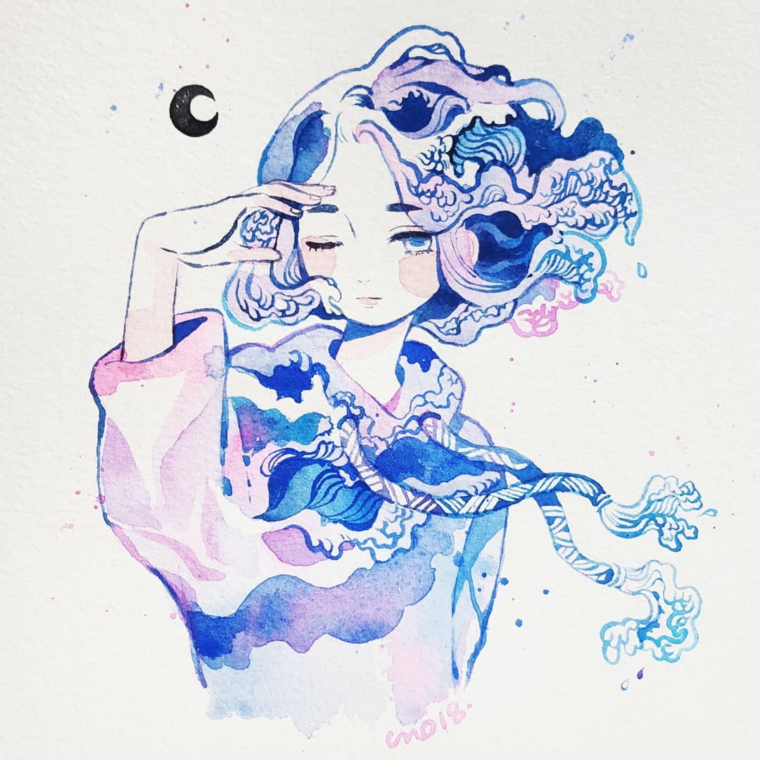 1girl blue_eyes crescent_moon cropped_torso drawstring expressionless eyebrows_visible_through_hair hand_up hood hood_down hoodie limited_palette liquid_hair long_sleeves maruti_bitamin medium_hair moon one_eye_closed original simple_background solo surreal traditional_media upper_body watercolor_(medium) waves white_background