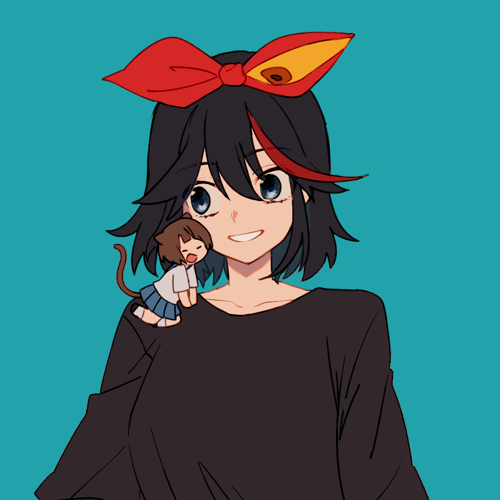 2girls animal animal_ears animal_on_shoulder black_dress black_footwear black_hair blouse blue_background blue_eyes blue_skirt brown_hair cat_ears cat_tail commentary cosplay dress eyebrows_visible_through_hair face-to-face grin hair_ribbon highlights kemonomimi_mode kiki kiki_(cosplay) kill_la_kill living_clothes looking_at_another majo_no_takkyuubin mankanshoku_mako matoi_ryuuko minigirl mittsun multicolored_hair multiple_girls pleated_skirt red_ribbon redhead ribbon school_uniform senketsu serafuku shoes short_hair short_sleeves skirt smile socks standing streaked_hair tail two-tone_hair white_blouse white_legwear