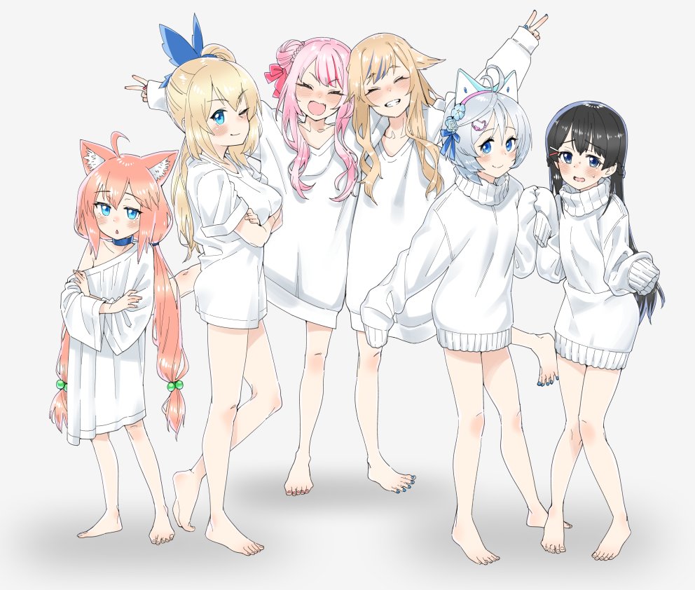 6+girls ahoge animal_ears arm_over_shoulder arm_up barefoot black_hair blonde_hair blue_eyes blush cat_ears character_request choker closed_eyes commentary crossed_arms fake_animal_ears full_body gengorou grin hair_bobbles hair_bun hair_flaps hair_ornament hairband hairclip hinata_channel long_hair low_twintails mirai_akari mirai_akari_project multiple_girls nekomiya_hinata no_pants off_shoulder one_eye_closed pink_hair shirt short_hair side_bun side_ponytail silver_hair simple_background sleeves_past_wrists smile standing standing_on_one_leg sweater t-shirt toes turtleneck turtleneck_sweater twintails v virtual_youtuber white_background white_shirt white_sweater