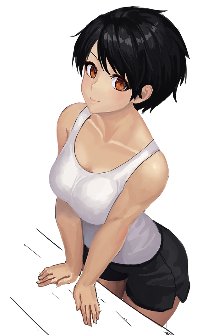 1girl bangs bare_arms bare_shoulders black_hair black_shorts breasts brown_eyes closed_mouth collarbone commentary_request from_above leaning_forward looking_at_viewer medium_breasts original ranma_(kamenrideroz) shiny shiny_hair short_hair shorts simple_background smile solo standing swept_bangs tank_top v_arms white_background white_tank_top