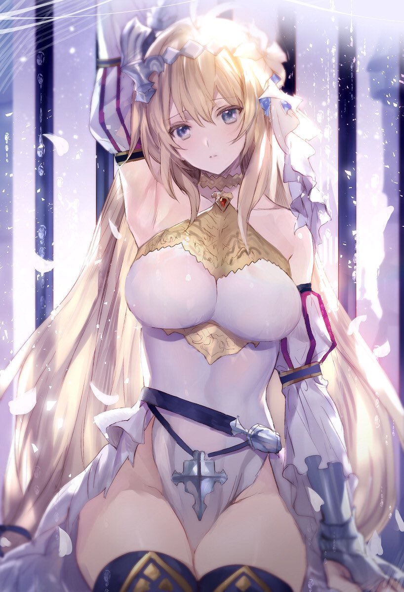 1girl ahoge arm_up armpits bare_shoulders belt blonde_hair blue_eyes breasts choker collarbone covered_navel detached_sleeves doushite eyebrows_visible_through_hair feathers gauntlets granblue_fantasy hair_ornament highres jeanne_d'arc_(granblue_fantasy) large_breasts long_hair sitting solo thigh-highs