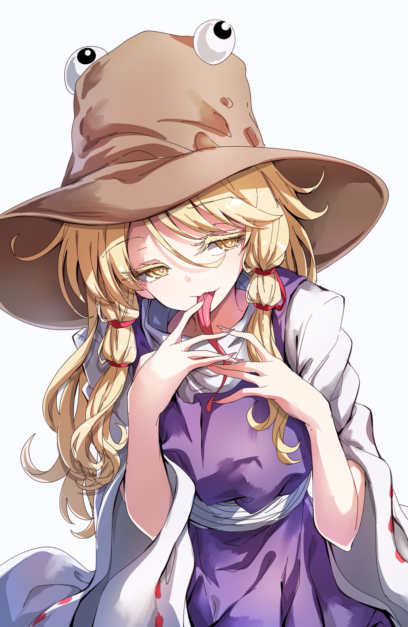 1girl bangs blonde_hair darjeeling_(reley) eyebrows_visible_through_hair fingernails hair_ribbon hat highres long_fingernails long_hair long_sleeves looking_at_viewer moriya_suwako open_mouth parted_bangs purple_skirt purple_vest pyonta ribbon sash shirt sidelocks simple_background skirt skirt_set sleeves_past_wrists smile solo tongue tongue_out touhou turtleneck vest white_background white_shirt wide_sleeves yellow_eyes