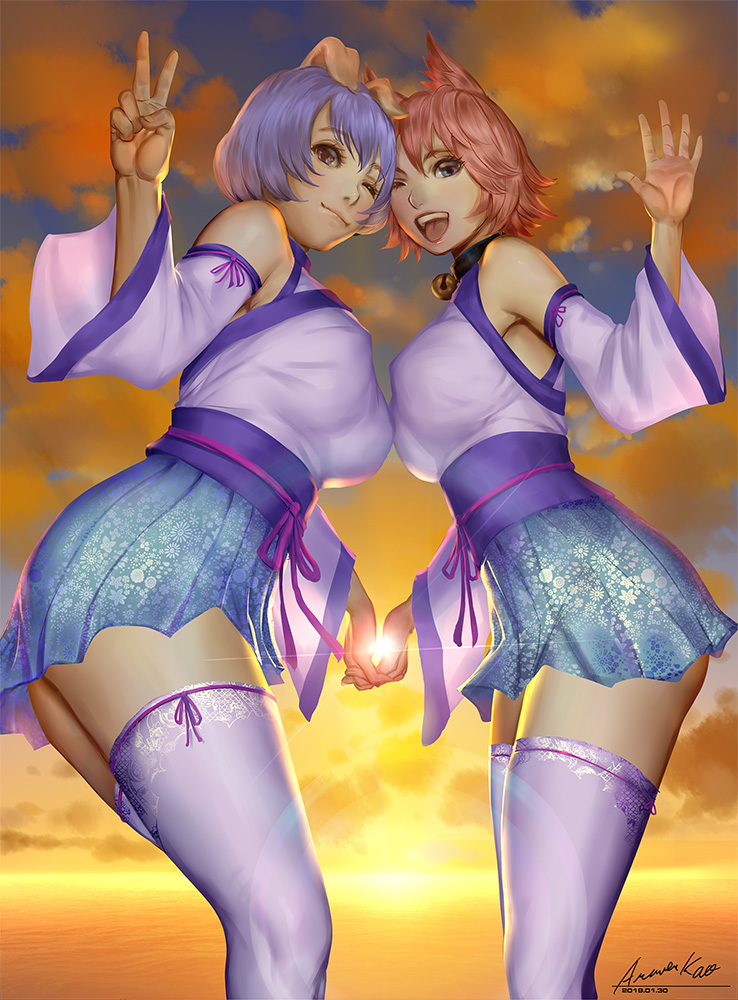 2girls animal_ears ariverkao bell bell_collar breasts cat_ears collar dated detached_sleeves hand_holding japanese_clothes large_breasts looking_at_viewer multiple_girls obi one_eye_closed open_mouth original outdoors pig_ears pleated_skirt purple_legwear ribbon-trimmed_legwear ribbon-trimmed_sleeves ribbon_trim sash signature skirt smile standing sunset thigh-highs v wide_sleeves