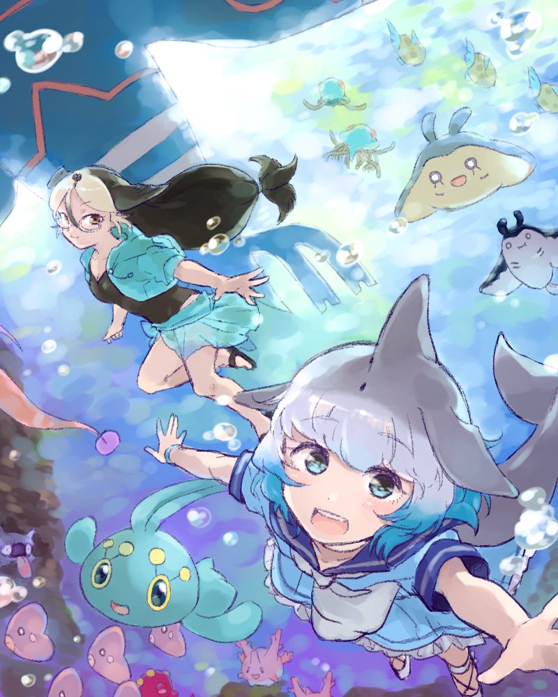 2girls bare_legs blue_eyes blue_hair bracelet california_sea_lion_(kemono_friends) character_request commentary_request common_bottlenose_dolphin_(kemono_friends) creatures_(company) dark_blue_hair dolphin_tail dorsal_fin dress eyebrows_visible_through_hair flippers frilled_dress frills game_freak glasses grey_hair hair_tie jacket jewelry kemono_friends long_hair moeki_(moeki0329) multicolored_hair multiple_girls neckerchief nintendo one-piece_swimsuit open_mouth pokemon sailor_collar sailor_dress sandals short_hair short_sleeves smile swimming swimsuit underwater white_hair