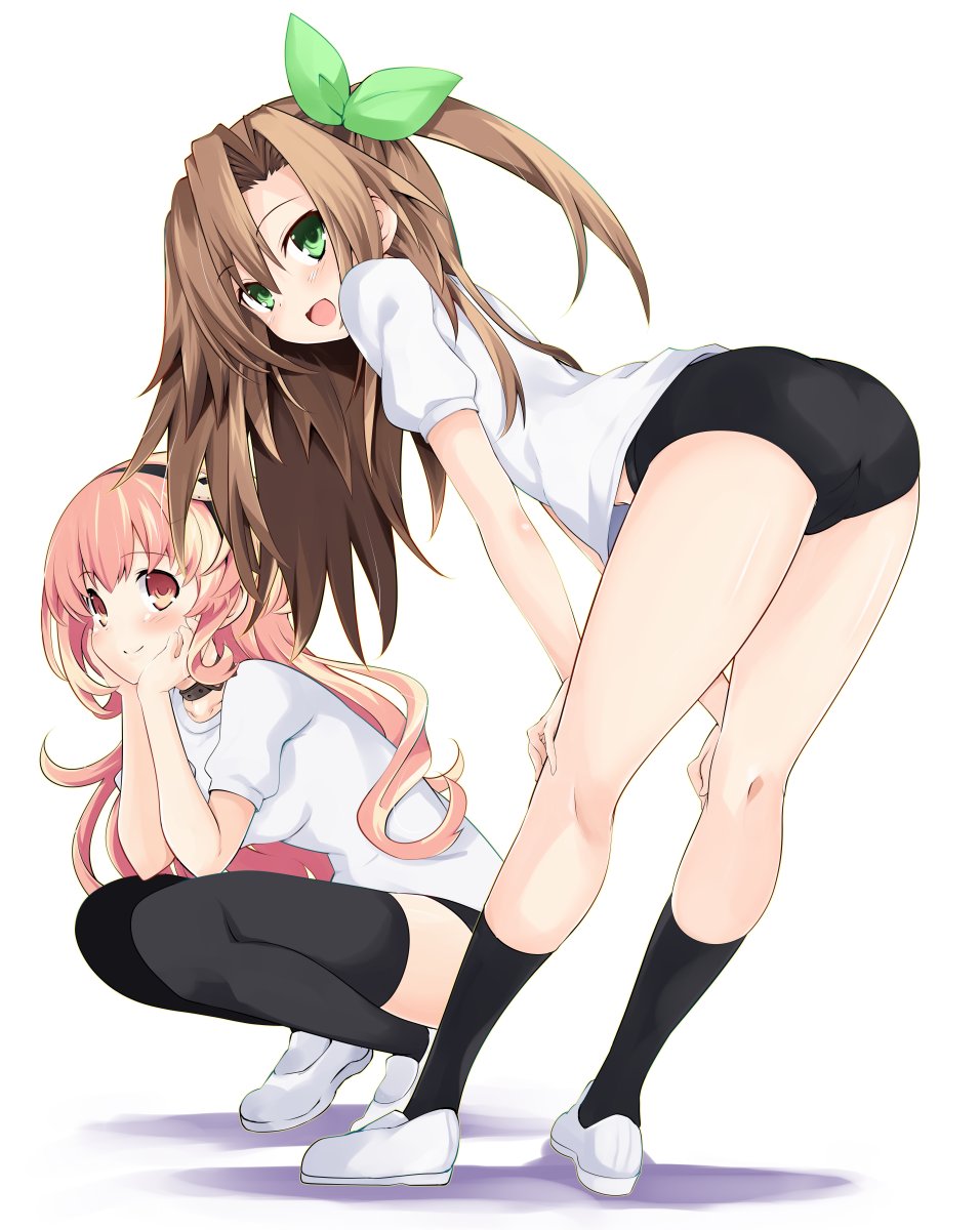 2girls ass black_buruma black_legwear blush breasts brown_hair buruma compa green_eyes hairband highres if_(neptune_series) iwasi-r long_hair looking_at_viewer looking_back multiple_girls neptune_(series) open_mouth pink_eyes pink_hair smile thigh-highs