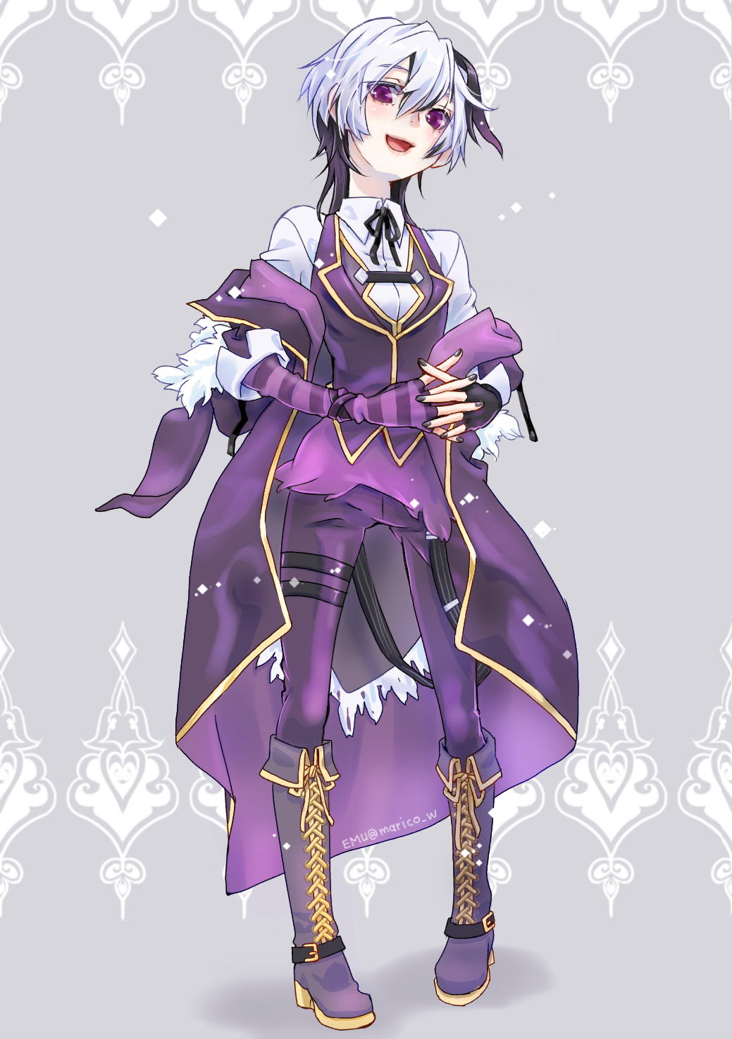 1girl alternate_costume androgynous belt black_nails black_ribbon boots coat cross-laced_footwear emu_(marico_w) fingerless_gloves flower_(vocaloid) gloves highres lace-up_boots multicolored_hair nail_polish pants purple_pants ribbon two-tone_hair v_flower_(vocaloid4) violet_eyes vocaloid white_hair