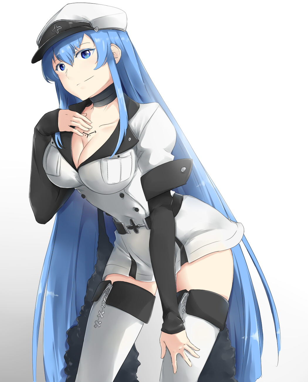 1girl absurdly_long_hair akame_ga_kill! blue_eyes blue_hair boots breasts choker cleavage cowboy_shot esdeath eyebrows_visible_through_hair hair_between_eyes hand_on_lap hat highres jacket large_breasts leaning_forward long_hair long_sleeves military military_hat military_jacket military_uniform saruno_(eyesonly712) shiny shiny_hair short_over_long_sleeves short_sleeves simple_background smile solo standing thigh-highs thigh_boots uniform very_long_hair white_background white_footwear white_hat white_jacket zettai_ryouiki