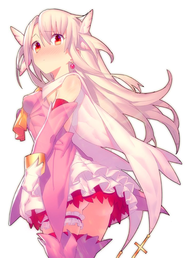 1girl ascot ass bangs bare_shoulders blush boots breasts cape closed_mouth dress earrings elbow_gloves fate/kaleid_liner_prisma_illya fate_(series) feathers gloves hair_between_eyes hair_feathers illyasviel_von_einzbern jewelry leg_garter long_hair looking_at_viewer magical_girl mckeee pink_dress pink_gloves pink_legwear prisma_illya red_eyes simple_background skirt small_breasts solo thigh-highs thigh_boots thighs two_side_up white_background white_gloves white_hair white_skirt yellow_neckwear