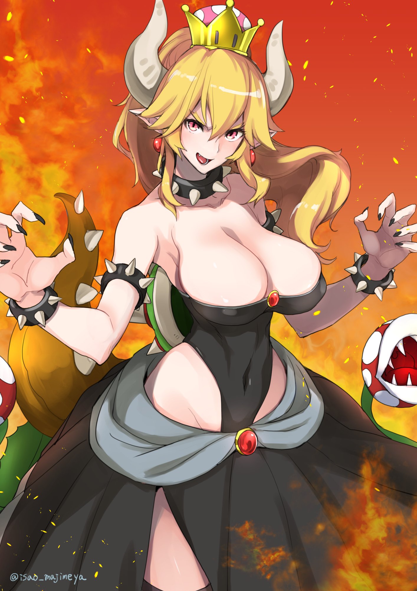 black_collar black_dress black_leotard black_nails blonde_hair bowsette bracelet collar crown dress earrings fingernails fire fireball highres horns isao jewelry leotard super_mario_bros. nail_polish new_super_mario_bros._u_deluxe nintendo piranha_plant pointy_ears sharp_fingernails sharp_teeth skirt spiked_armlet spiked_bracelet spiked_collar spiked_shell spikes strapless strapless_dress strapless_leotard super_crown super_mario_bros. teeth turtle_shell