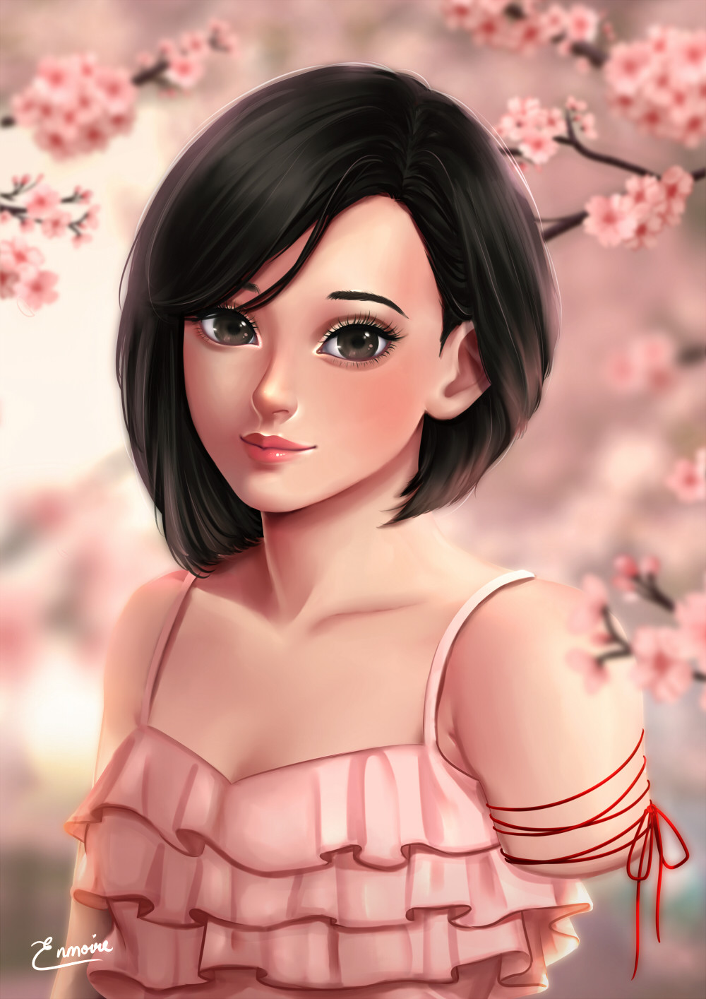 1girl amputee bangs black_eyes black_hair blurry blurry_background blush cherry_blossoms collarbone commentary commission dress english_commentary enmoire frills highres lips looking_at_viewer original pink_dress red_ribbon ribbon short_hair signature smile solo swept_bangs