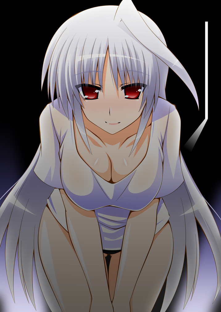1girl breasts cleavage collarbone commentary_request engo_(aquawatery) gluteal_fold hanging_breasts leaning_forward long_hair lyrical_nanoha mahou_shoujo_lyrical_nanoha mahou_shoujo_lyrical_nanoha_a's red_eyes reinforce shirt silver_hair smile solo thigh_gap very_long_hair white_shirt