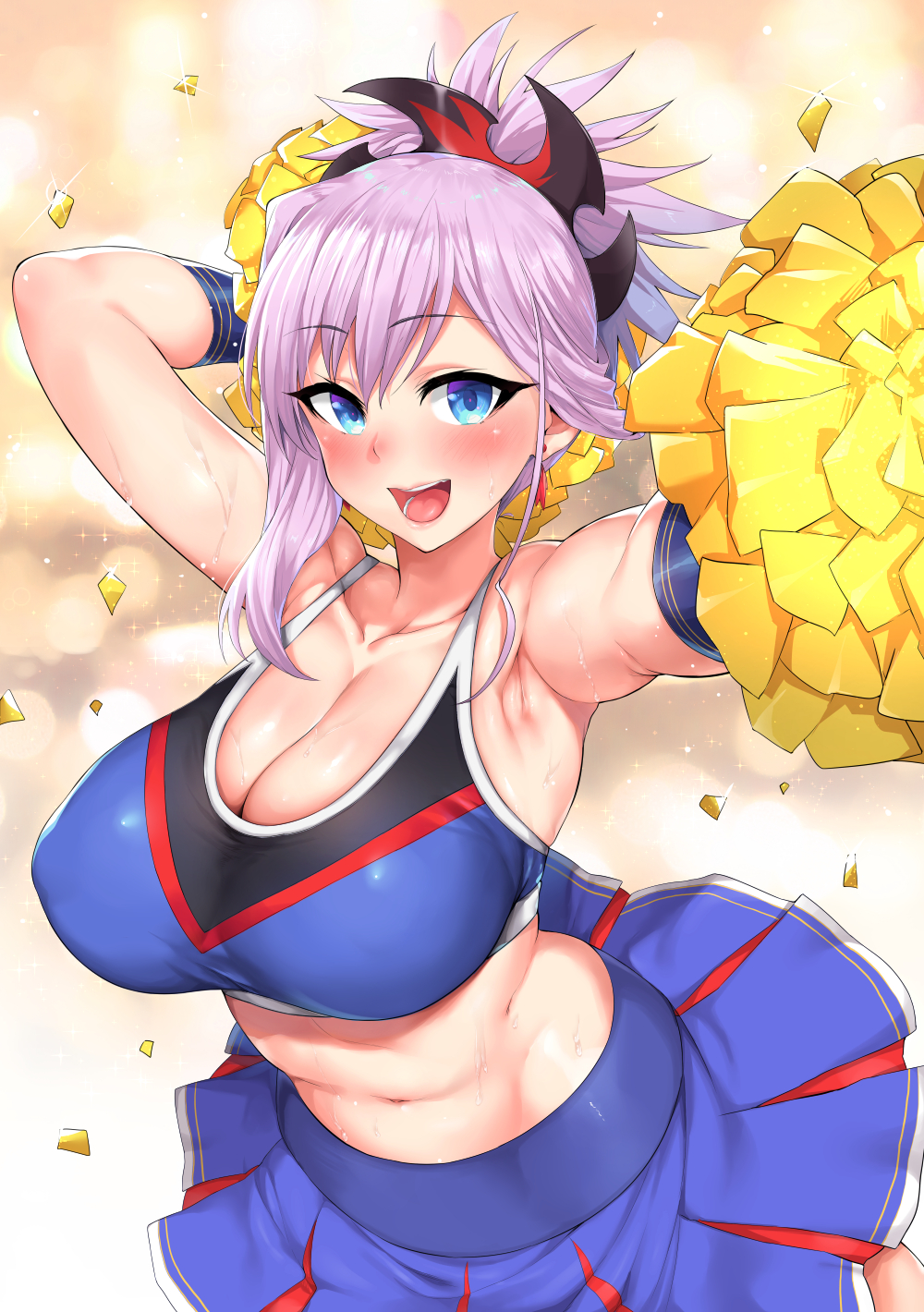 1girl arm_up armpits asymmetrical_hair bangs bare_shoulders blue_eyes blue_shirt blue_skirt blush breasts cheerleader cleavage collarbone confetti crop_top earrings fate/grand_order fate_(series) hair_ornament highres jewelry large_breasts long_hair looking_at_viewer midriff miyamoto_musashi_(fate/grand_order) navel open_mouth pink_hair pleated_skirt pom_poms ponytail shirt skirt sleeveless smile solo yomomirin