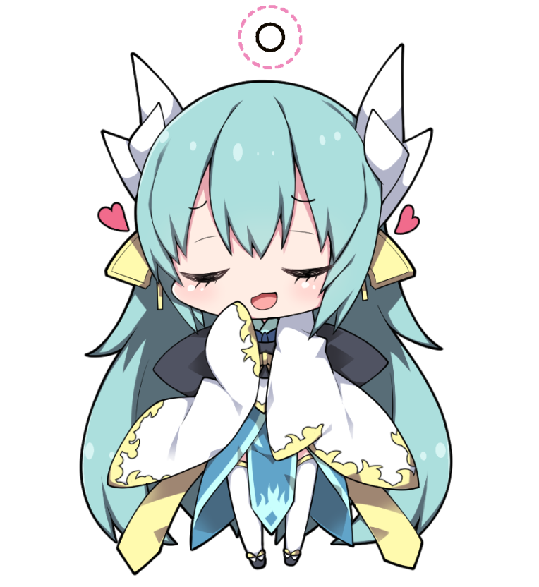 1girl :d bangs black_bow black_footwear blush bow chibi closed_eyes commentary_request dotted_line dragon_horns eyebrows_visible_through_hair facing_viewer fate/grand_order fate_(series) full_body green_hair heart horns japanese_clothes kimono kiyohime_(fate/grand_order) long_hair long_sleeves milkpanda obi open_mouth sash sidelocks simple_background sleeves_past_fingers sleeves_past_wrists smile solo standing thigh-highs very_long_hair white_background white_kimono white_legwear wide_sleeves