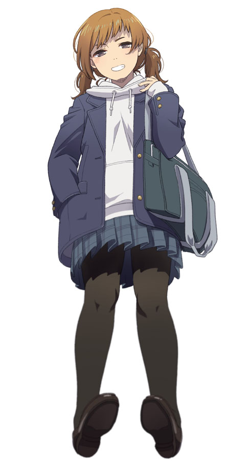 1girl bag blazer brown_eyes brown_hair from_below hand_in_pocket hood hoodie jacket looking_at_viewer mattaku_mousuke no_legwear original pantyhose plaid plaid_skirt pleated_skirt school_bag skirt smirk solo twintails white_background