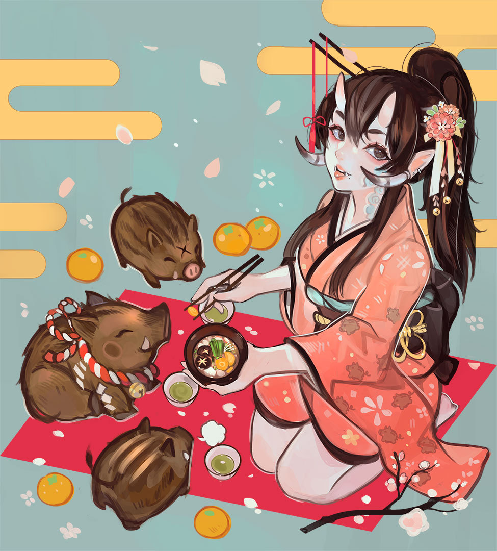 1girl 2019 :p alpaca_carlesi boar breasts brown_eyes brown_hair chopsticks commentary earrings english_commentary feeding food fruit hair_between_eyes hair_ornament hair_stick horns japanese_clothes jewelry kimono long_hair looking_at_viewer mandarin_orange mole mole_under_mouth new_year obi oni oni_horns original pale_skin petals pointy_ears rope sash seiza shimenawa sitting small_breasts smile solo_focus tongue tongue_out tusks