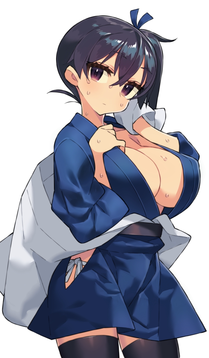 1girl bangs black_legwear blue_skirt blush breasts brown_eyes brown_hair cleavage closed_mouth eyebrows_visible_through_hair hair_between_eyes hakama hakama_skirt highres hip_vent holding itsumo_nokoru japanese_clothes kaga_(kantai_collection) kantai_collection large_breasts long_hair looking_at_viewer panties ponytail ribbon side-tie_panties side_ponytail simple_background skirt solo standing sweat towel underwear white_background