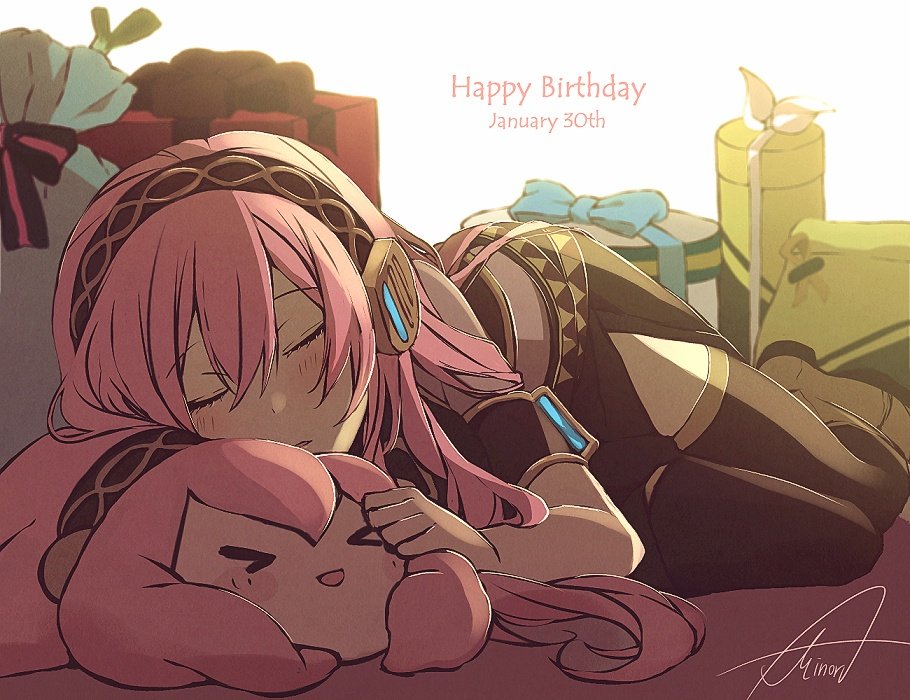 &gt;_&lt; 1girl armlet asagao_minoru belt blush bow box closed_eyes commentary doll full_body gift gift_box happy_birthday headphones holding holding_doll long_hair lying megurine_luka on_side pink_hair ribbon signature skirt sleeping smile solo spring_onion takoluka thigh-highs vocaloid white_background zettai_ryouiki