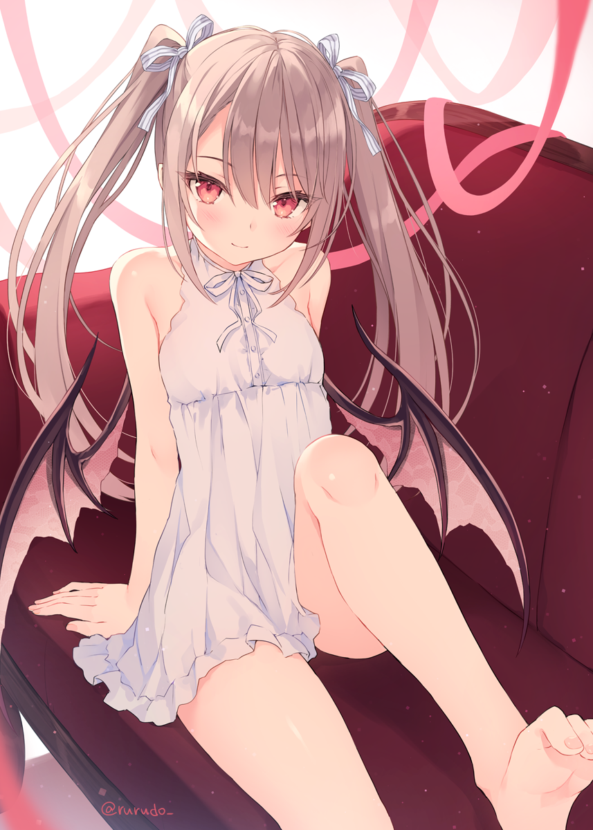 1girl arm_support bare_arms bare_shoulders barefoot bat_wings blouse blush bow breasts brown_eyes brown_hair closed_mouth commentary commentary_request couch demon_girl dress feet hair_bow highres knee_up leaning_back legs long_hair neck_ribbon on_couch original pink_ribbon pink_wings red_eyes ribbon rurudo short_dress sitting sleeveless sleeveless_dress small_breasts smile soles solo striped striped_bow sundress toes twintails very_long_hair white_blouse white_dress white_ribbon wings