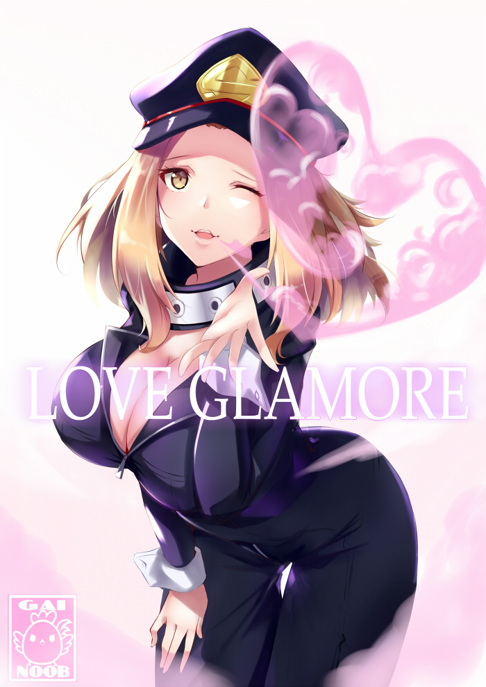 1girl artist_logo artist_name black_bodysuit blonde_hair blown_kiss bodysuit boku_no_hero_academia breasts brown_eyes catsuit center_opening cleavage commentary english_commentary gainoob hand_on_own_thigh hat heart large_breasts leaning_forward looking_at_viewer one_eye_closed parted_lips peaked_cap pink_background simple_background skin_tight solo thigh_gap unzipped upper_teeth utsushimi_kemii wrist_cuffs zipper_pull_tab