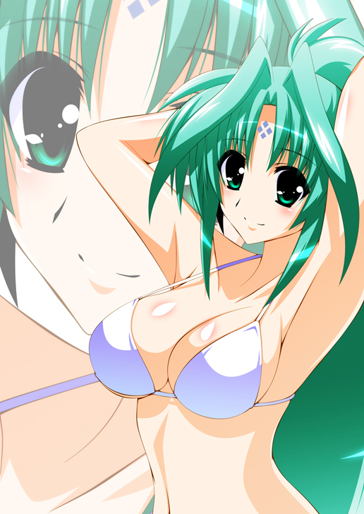 1girl bikini blush breasts cleavage commentary_request engo_(aquawatery) eyebrows_visible_through_hair facial_mark forehead_mark green_eyes green_hair large_breasts lindy_harlaown long_hair looking_at_viewer lyrical_nanoha mahou_shoujo_lyrical_nanoha mahou_shoujo_lyrical_nanoha_a's ponytail smile solo swimsuit white_bikini zoom_layer