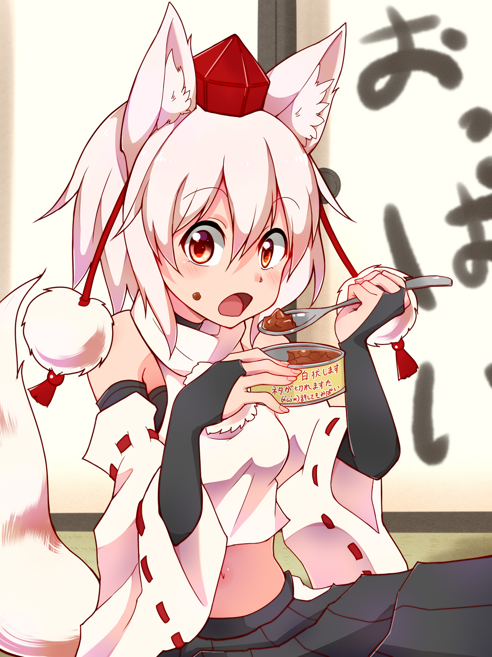 1girl animal_ears bangs bare_shoulders black_skirt blush bridal_gauntlets can commentary_request crop_top cropped_shirt detached_sleeves eating eyebrows_visible_through_hair fingernails food food_on_face hair_between_eyes hands_up hat highres holding holding_can holding_spoon indoors inubashiri_momiji jeff17 looking_at_viewer medium_hair midriff navel open_mouth pink_hair pom_pom_(clothes) red_eyes ribbon-trimmed_sleeves ribbon_trim shirt sitting skirt sleeveless sleeveless_shirt solo spoon stomach tail tokin_hat touhou translation_request turtleneck upper_body white_shirt wide_sleeves wolf_ears wolf_tail