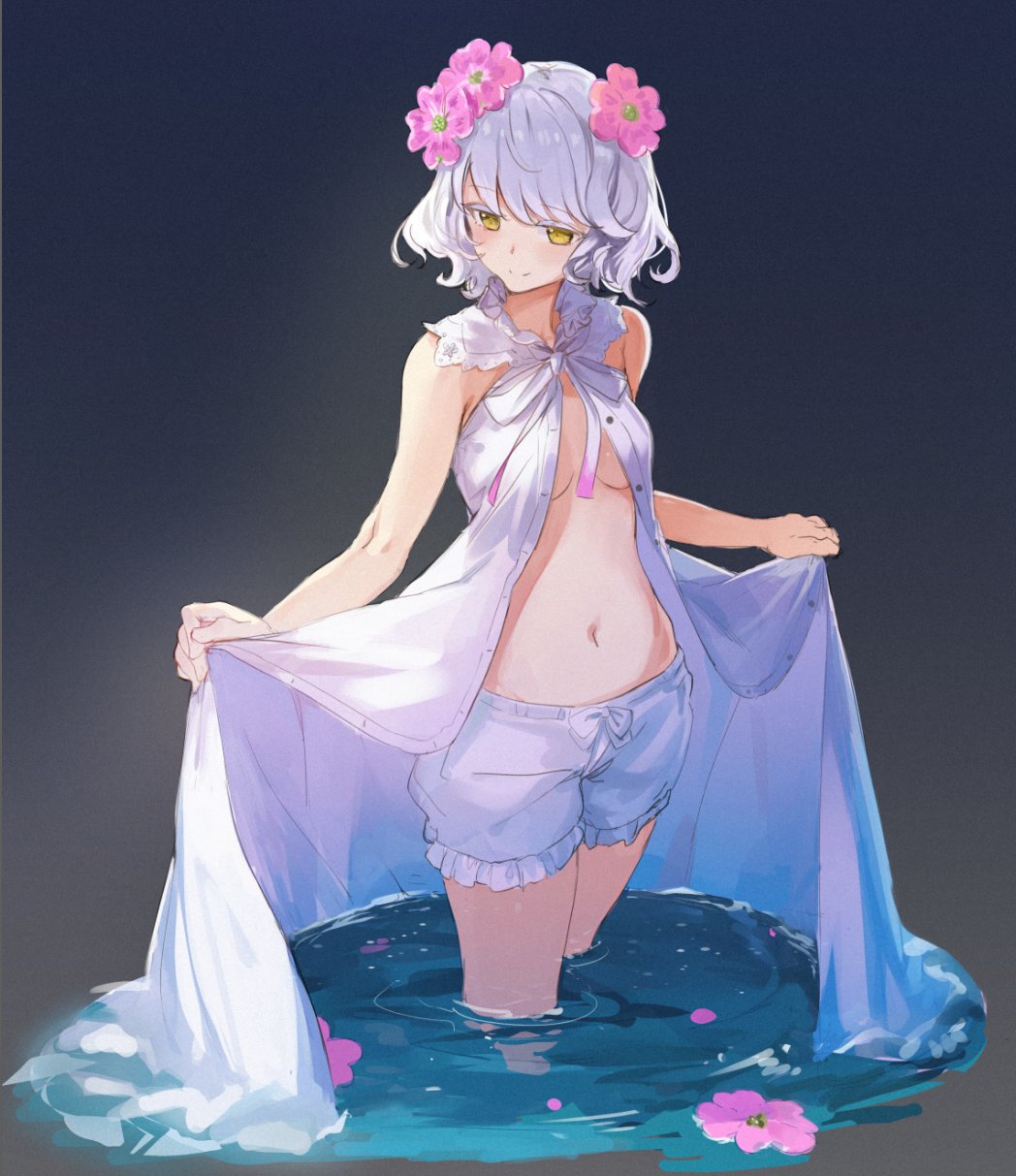 1girl bangs bare_shoulders bloomers breasts closed_mouth dress flower flower_on_water gown hair_flower hair_ornament highres kudou_chitose midriff navel nijisanji open_clothes open_robe robe seinen short_hair small_breasts smile solo underwear virtual_youtuber wading wavy_hair white_hair yellow_eyes