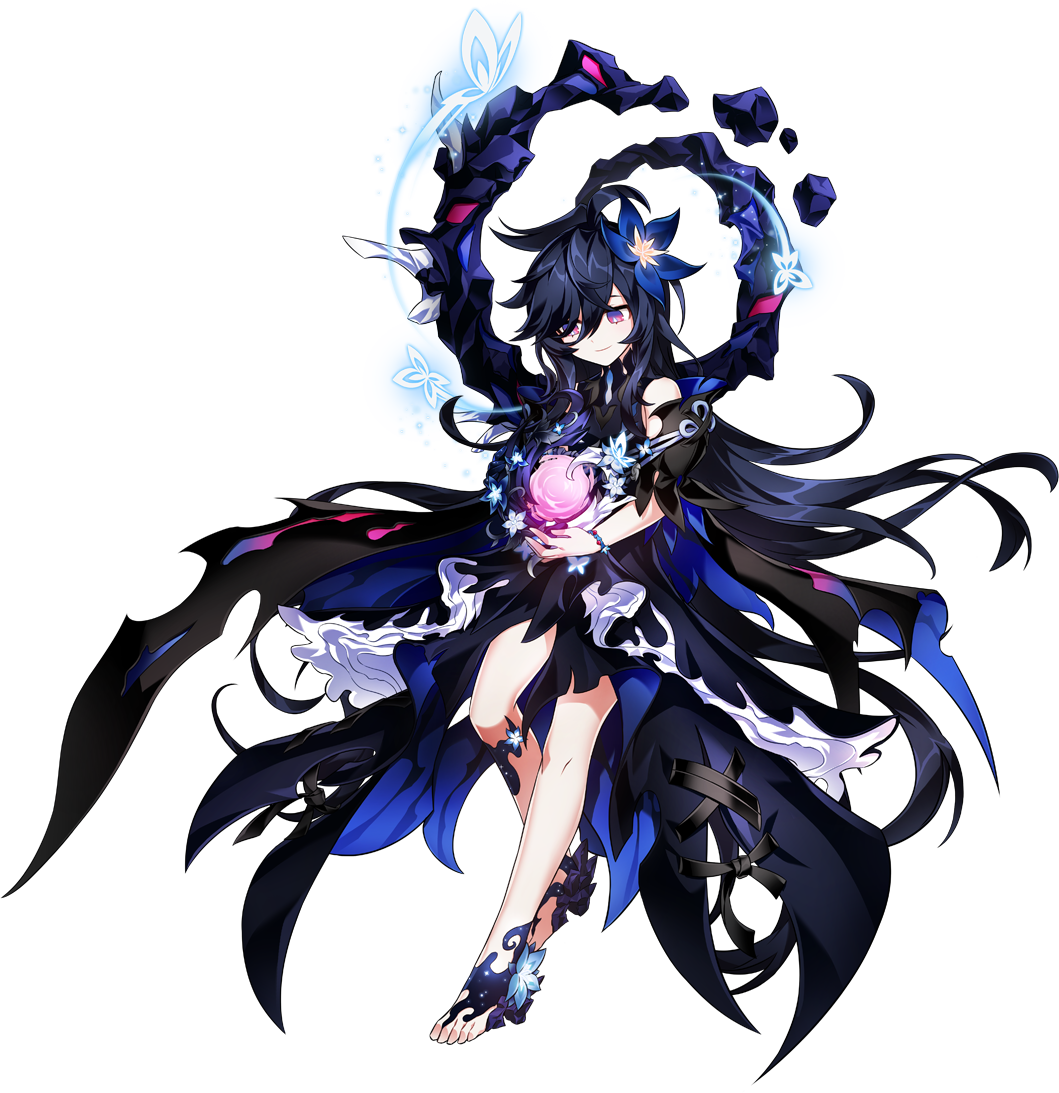 1girl alternate_costume alternate_hair_color alternate_hairstyle asymmetrical_legwear black_hair bug butterfly cape detached_sleeves dress elsword flower hair_between_eyes insect laby_(elsword) long_hair multicolored multicolored_eyes nisha_(elsword) nisha_labyrinth official_art pink_eyes plant smile transparent_background violet_eyes