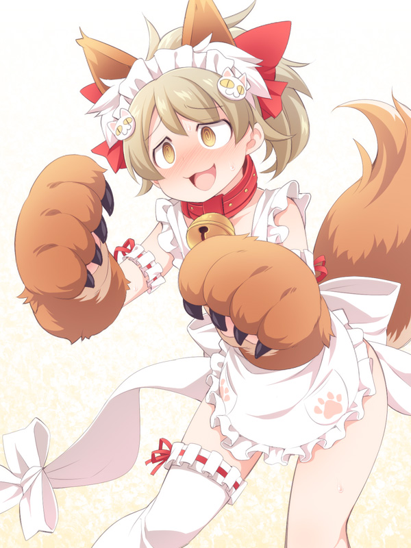 1girl :d @_@ animal_ear_fluff animal_ears apron asymmetrical_legwear bangs bell bell_collar blush bow brown_background brown_eyes brown_hair cat_hair_ornament collar commentary_request cosplay eyebrows_visible_through_hair fate/grand_order fate_(series) fox_ears fox_girl fox_tail gloves gradient gradient_background hair_bow hair_ornament idolmaster idolmaster_cinderella_girls jingle_bell kemonomimi_mode maid_headdress morikubo_nono naked_apron nose_blush open_mouth paw_gloves paws red_bow red_collar ribbon-trimmed_legwear ribbon_trim single_thighhigh smile solo sweat tail tamamo_(fate)_(all) tamamo_cat_(fate) tamamo_cat_(fate)_(cosplay) thigh-highs ushi white_apron white_background white_legwear