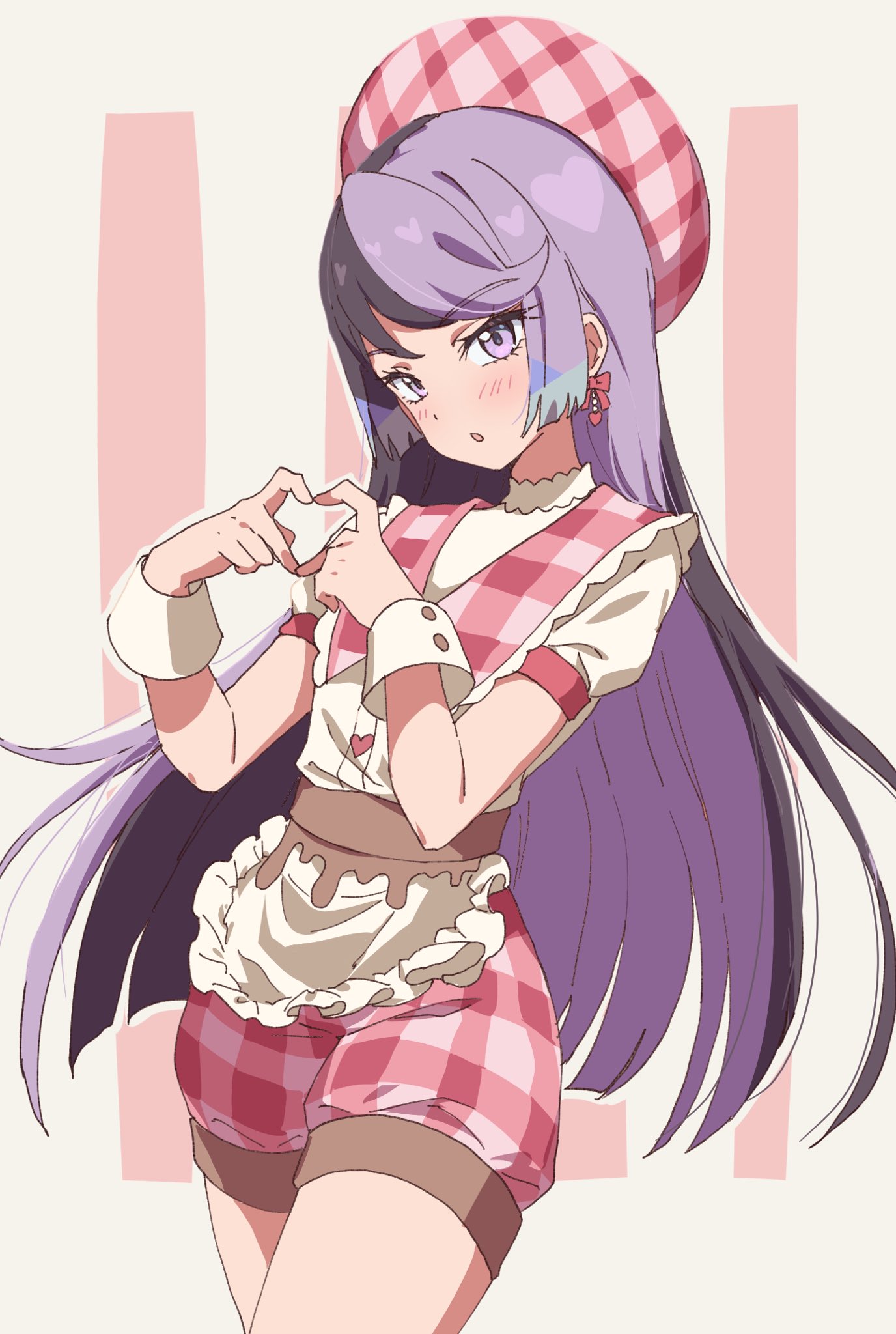 1girl apron beret black_hair blue_hair blunt_ends carron_(waccha_primagi!) collared_shirt commentary_request cowboy_shot dolldolldd earrings frilled_apron frills hands_up hat heart heart_hands highres jewelry korean_commentary long_hair looking_at_viewer multicolored_hair open_mouth pink_headwear pink_shorts plaid plaid_headwear plaid_shorts pretty_series puffy_short_sleeves puffy_sleeves purple_hair shirt short_sleeves shorts solo standing very_long_hair violet_eyes waccha_primagi! waist_apron white_apron white_shirt wrist_cuffs