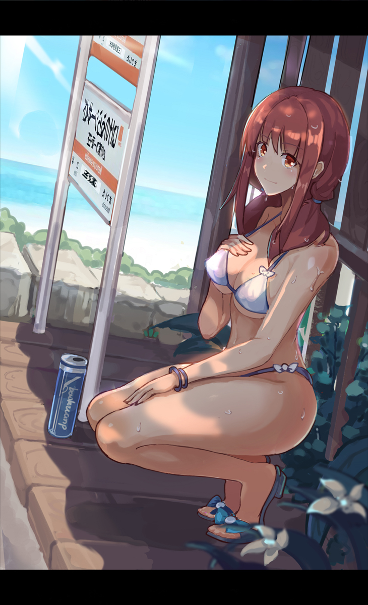 1girl bare_legs beach bikini bow_bikini bracelet breasts brown_eyes brown_hair can cleavage day drink erect_nipples flip-flops flower hairband hand_on_own_chest hand_on_own_thigh harukana_receive highres hot jewelry leaf legs letterboxed light_rays mai_(xskdizzy) medium_breasts medium_hair ocean oozora_haruka_(harukana_receive) outdoors sandals shadow shiny shiny_skin side-tie_bikini sign sky smile squatting sunbeam sunlight sweat sweatdrop swimsuit thigh-highs twintails white_bikini wooden_floor