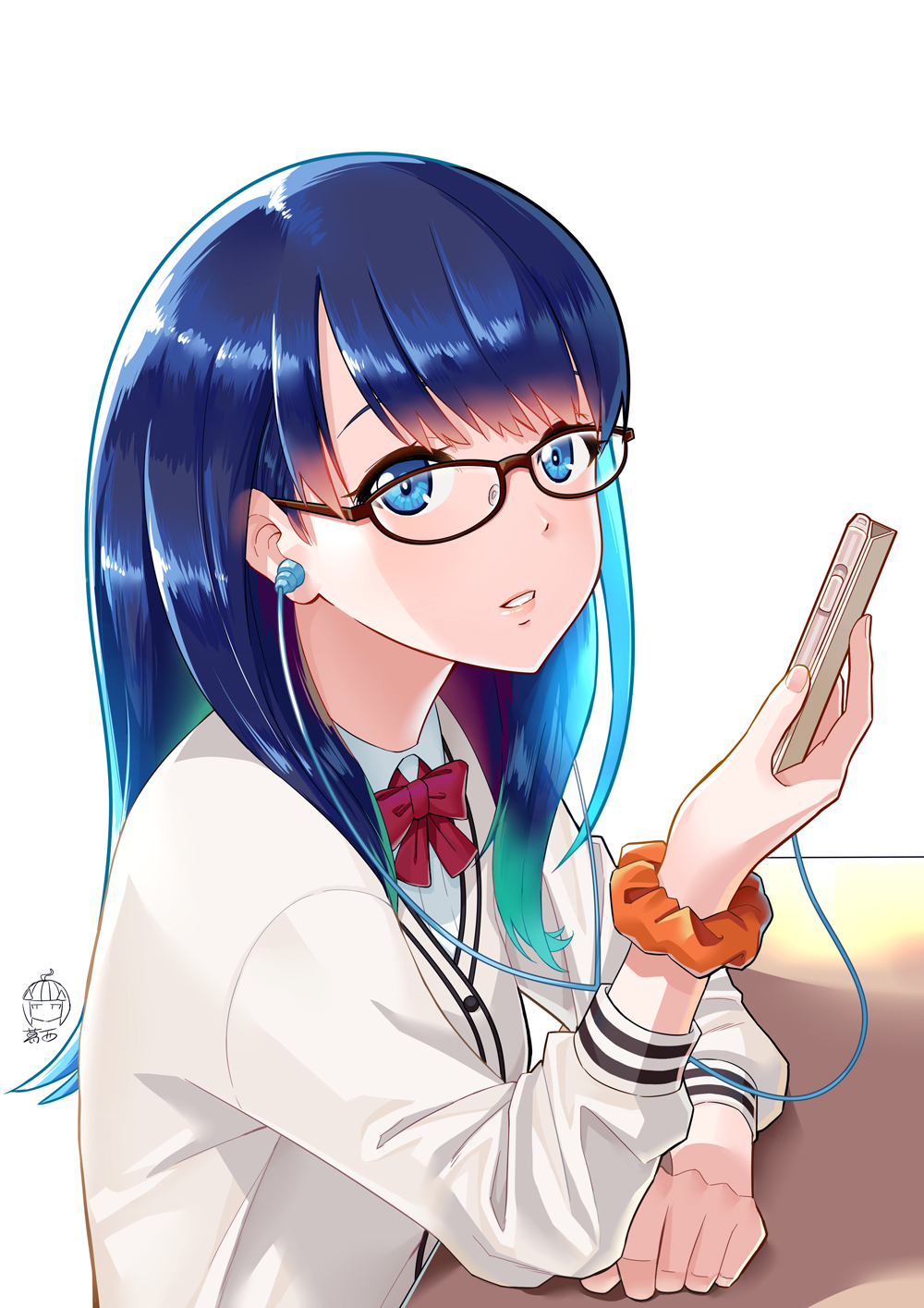 1girl bangs bespectacled blue_eyes blue_hair bow bowtie brown-framed_eyewear commentary_request earphones from_side ge_xi glasses gloves highres holding long_hair long_sleeves looking_at_viewer looking_to_the_side parted_lips red_bow red_neckwear school_uniform scrunchie shiny shiny_hair signature simple_background smile solo ssss.gridman table takarada_rikka upper_body white_background white_cardigan wrist_scrunchie