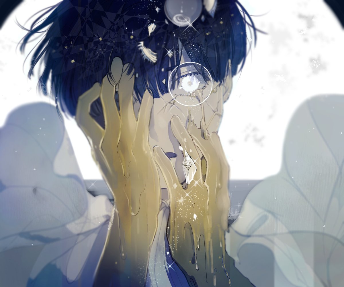 1other androgynous bangs blue_hair blunt_bangs colored_eyelashes crack crying crying_with_eyes_open eyeball glowing glowing_eye golden_arms hands_on_own_face houseki_no_kuni melting mgmg_1012 phosphophyllite phosphophyllite_(ll) shards short_hair solo spoilers tears upper_body white_eyes