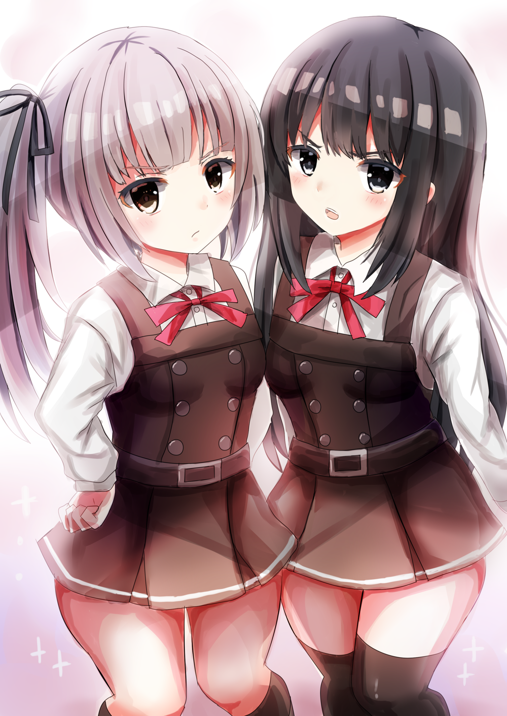 2girls asashio_(kantai_collection) black_hair black_legwear black_ribbon blue_eyes blush brown_eyes closed_mouth dress eyebrows_visible_through_hair gradient gradient_background grey_hair hair_ribbon highres kantai_collection kasumi_(kantai_collection) long_hair long_sleeves mazeru_(jisjifin) multiple_girls neck_ribbon open_mouth pinafore_dress red_ribbon remodel_(kantai_collection) ribbon school_uniform shirt side_ponytail sleeveless sleeveless_dress thigh-highs white_shirt