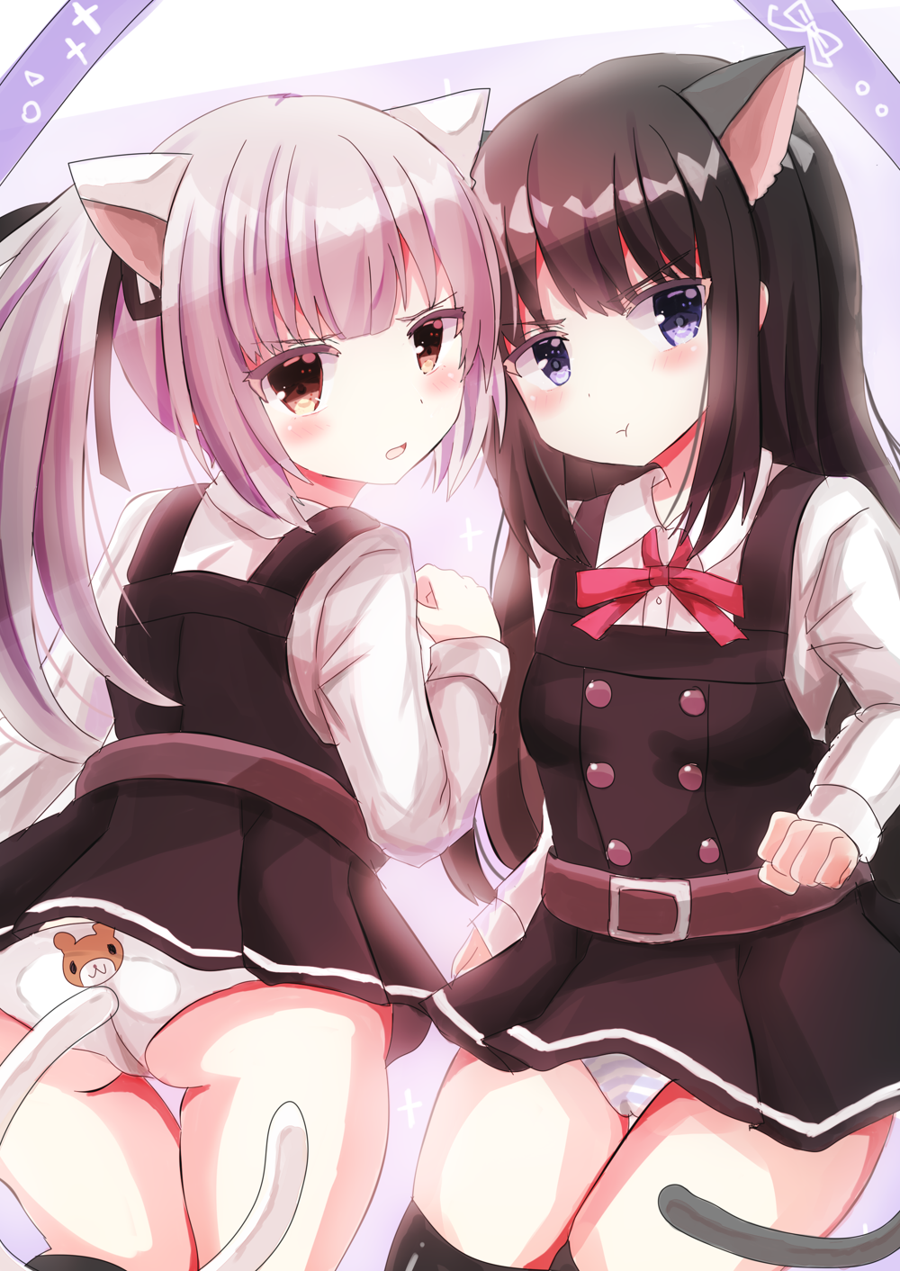 2girls animal_ears asashio_(kantai_collection) black_hair black_legwear black_ribbon blue_eyes blush brown_eyes cat_ears cat_tail closed_mouth dress eyebrows_visible_through_hair grey_hair hair_ribbon highres kantai_collection kasumi_(kantai_collection) long_hair long_sleeves looking_at_viewer mazeru_(jisjifin) multiple_girls neck_ribbon open_mouth panties pantyshot pinafore_dress red_ribbon remodel_(kantai_collection) ribbon school_uniform shirt side_ponytail sleeveless sleeveless_dress striped striped_panties tail thigh-highs underwear white_panties white_shirt