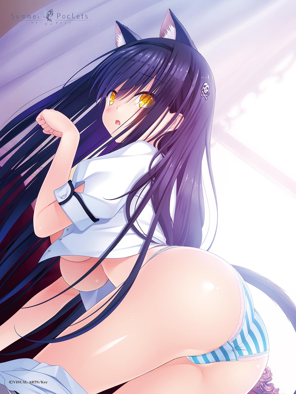 1girl animal_ears bangs black_hair blush breasts cat_ears cat_girl cat_tail copyright_name curtains dress_shirt eyebrows_visible_through_hair hair_between_eyes hair_ornament highres indoors kemonomimi_mode kushima_kamome large_breasts long_hair looking_at_viewer na-ga no_bra open_clothes open_mouth open_shirt panties paw_pose puffy_short_sleeves puffy_sleeves shirt short_sleeves sidelocks skull_hair_ornament solo striped striped_panties summer_pockets sunlight tail tongue under_boob underwear very_long_hair white_shirt window yellow_eyes