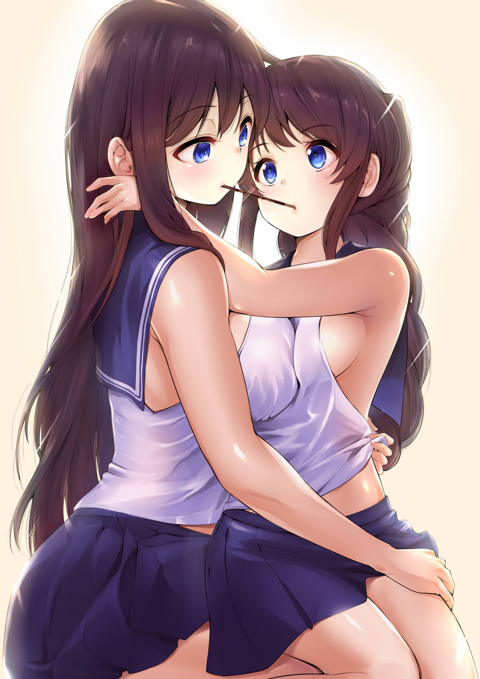 2girls amasora_taichi asymmetrical_docking bangs bare_arms bare_shoulders blue_eyes blue_sailor_collar blue_skirt breast_press breasts brown_background brown_hair commentary_request eye_contact eyebrows_visible_through_hair female food highres large_breasts long_hair looking_at_another medium_breasts multiple_girls original pleated_skirt pocky pocky_kiss sailor_collar school_uniform serafuku shared_food shirt sideboob sitting skirt sleeveless sleeveless_shirt very_long_hair yuri