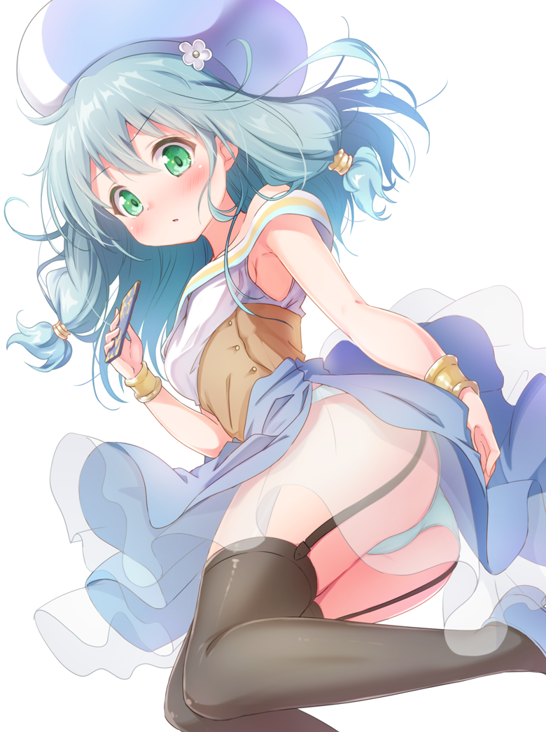 1girl bangs bare_shoulders blue_footwear blue_hair blue_hat blue_panties blue_skirt blush breasts brown_legwear card commentary_request endro! eyebrows_visible_through_hair flower garter_straps green_eyes hair_between_eyes hand_up hat holding holding_card long_hair matokechi medium_breasts meiza_endust multicolored multicolored_clothes multicolored_hat off-shoulder_shirt off_shoulder panties parted_lips see-through shirt shoes sidelocks simple_background skirt solo thigh-highs underwear white_background white_flower white_hat white_shirt