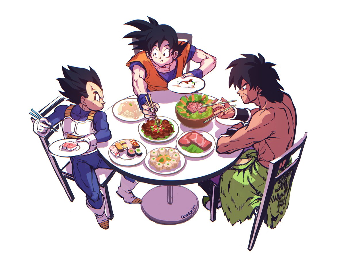 3boys armor artist_name bare_back black_eyes black_hair boots broly_(dragon_ball_super) chair chopsticks clothes_around_waist dragon_ball dragon_ball_super dragon_ball_super_broly eating food gloves holding holding_chopsticks holding_food looking_at_another looking_at_hand meat multiple_boys muscle no_shirt plate saiyan scar shirtless short_hair simple_background sitting son_gokuu spiky_hair sushi sweatdrop table topless vegeta white_gloves widow's_peak wristband