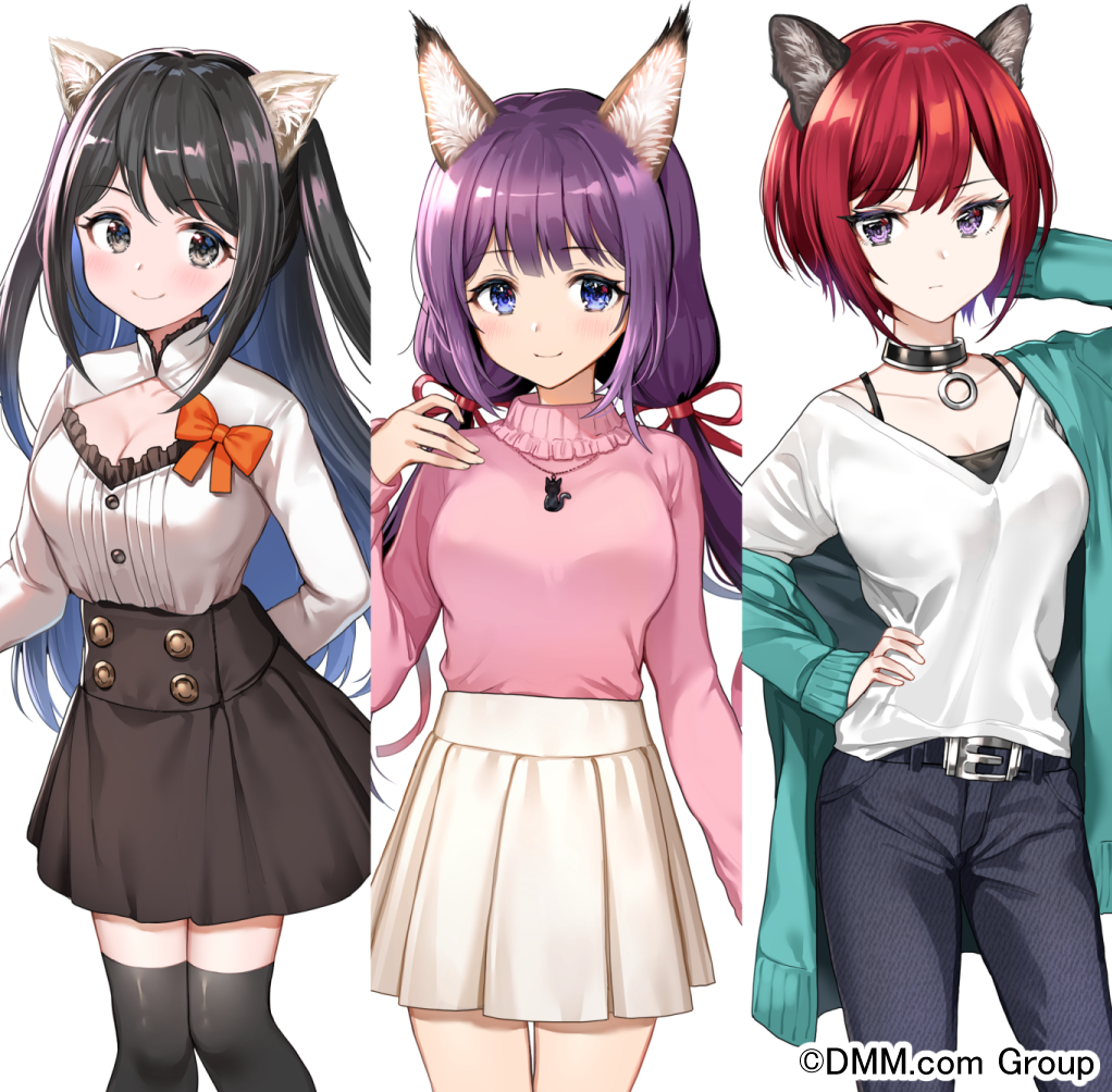 3girls animal_ear_fluff animal_ears aqua_jacket bangs belt belt_buckle black_camisole black_choker black_eyes black_hair black_legwear black_pants black_skirt blue_eyes blush bow breasts buckle buttons camisole cat_ears choker cleavage closed_mouth collarbone commentary_request copyright_request cowboy_shot frilled_shirt frills hair_ribbon hand_behind_head hand_on_hip hand_up jacket jewelry long_hair long_sleeves looking_at_viewer low_twintails medium_breasts miniskirt multiple_girls necklace nishizawa off_shoulder official_art orange_bow pants pink_sweater pleated_skirt purple_hair red_ribbon redhead ribbon shirt shirt_tucked_in short_hair sidelocks skirt sleeves_past_wrists smile standing sweater thigh-highs twintails two_side_up undershirt violet_eyes watermark white_background white_shirt white_skirt zettai_ryouiki