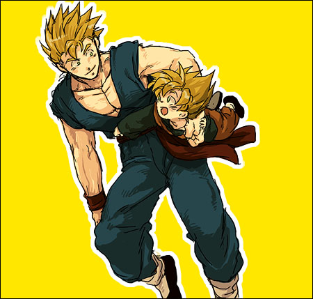 2boys :d arm_around_neck black_border blonde_hair border brothers carrying clothes_lift dougi dragon_ball dragonball_z green_hair happy looking_at_another lowres male_focus multiple_boys nitako open_mouth short_hair siblings simple_background sleeveless smile son_gohan son_goten spiky_hair super_saiyan wristband yellow_background