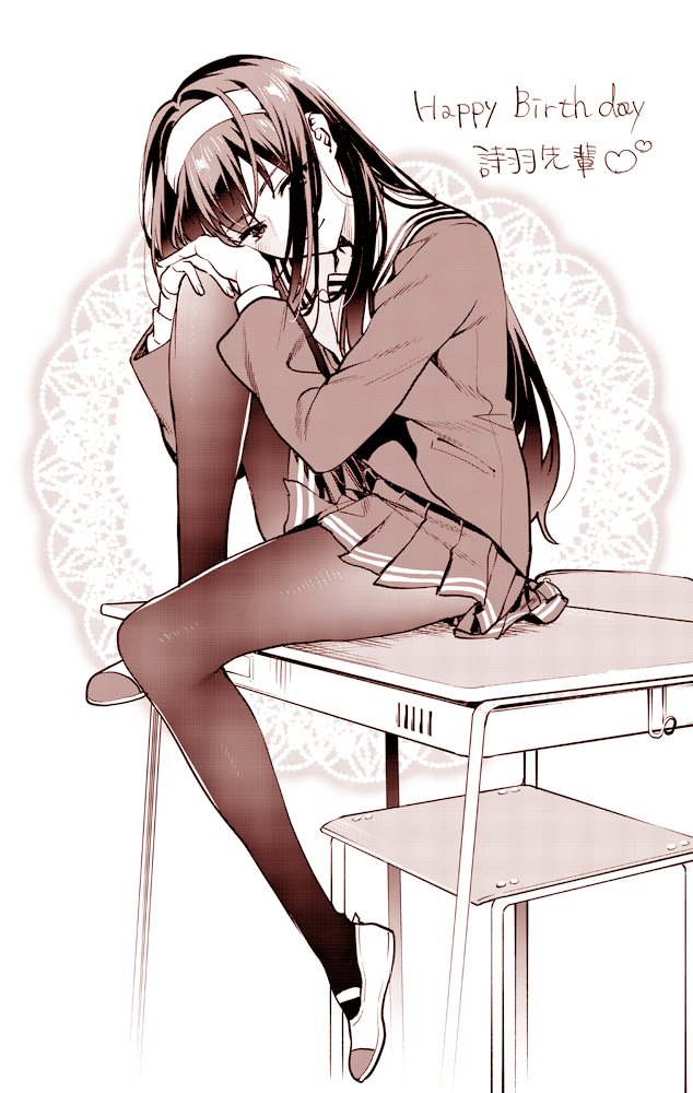 1girl bangs black_hair black_legwear chair desk hairband kasumigaoka_utaha long_hair looking_at_viewer miniskirt monochrome musha_sabu pantyhose pleated_skirt saenai_heroine_no_sodatekata school_uniform sitting skirt white_hairband