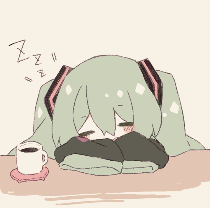 1girl =_= aqua_hair bangs beige_background blush chibi coaster cup hatsune_miku hazakura_chikori head_on_table mug sleeping sleeves_past_fingers sleeves_past_wrists solo twintails vocaloid zzz