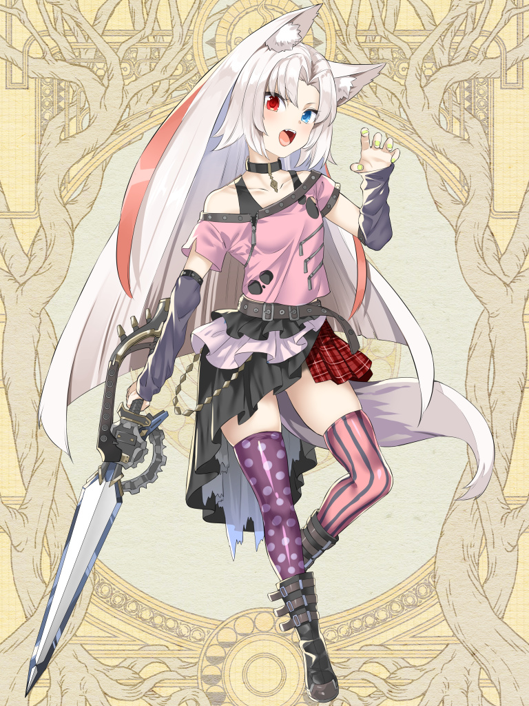 1girl animal_ear_fluff animal_ears bangs bare_shoulders black_choker black_footwear black_sleeves blue_eyes blush boots check_copyright choker claw_pose collarbone dairoku_youhei detached_sleeves eyebrows_visible_through_hair fingernails full_body green_nails hand_up heterochromia holding holding_sword holding_weapon long_hair long_sleeves looking_at_viewer mismatched_legwear multicolored multicolored_clothes multicolored_hair multicolored_skirt nail_polish off-shoulder_shirt off_shoulder open_mouth parted_bangs pink_legwear pink_shirt plaid plaid_skirt pleated_skirt polka_dot polka_dot_legwear purple_legwear red_eyes redhead shirt silver_hair skirt sleeves_past_wrists solo standing standing_on_one_leg streaked_hair striped striped_legwear sword tail thigh-highs tyone vertical-striped_legwear vertical_stripes very_long_hair weapon
