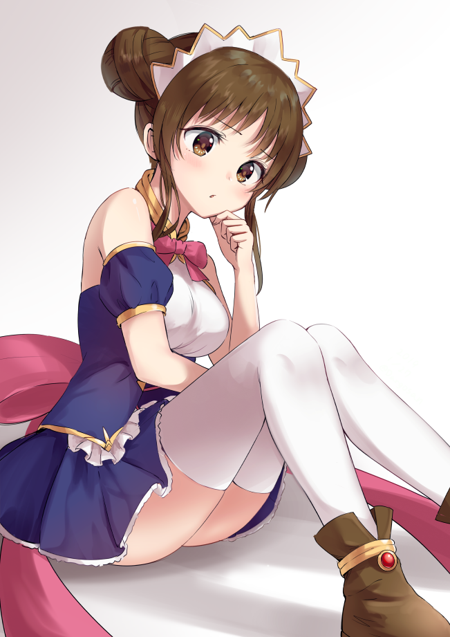 1girl amano_suzume artist_request ass bangs bare_shoulders blue_shirt blue_skirt blush boots bow bowtie breasts brown_footwear brown_hair dargo detached_sleeves double_bun frilled_shirt frills hand_up head_tilt headdress knees_up long_hair looking_at_viewer medium_breasts miniskirt parted_lips pink_neckwear pink_ribbon princess_connect! princess_connect!_re:dive puffy_short_sleeves puffy_sleeves ribbon shadow shirt short_sleeves sidelocks simple_background single_detached_sleeve sitting skirt solo thigh-highs tied_hair white_background white_legwear